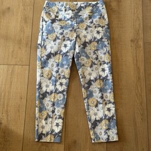 Floral Stretch Ankle Pants Blue Yellow Pull On Office Coastal Cottagecore 6